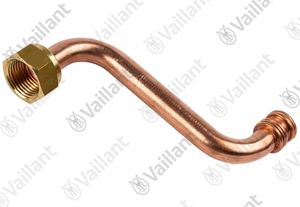 Kupferrohr mit einer gebogenen Form und einem Messinganschluss, hergestellt von Vaillant. Das Produkt eignet sich für verschiedene Installationen in Heizsystemen.